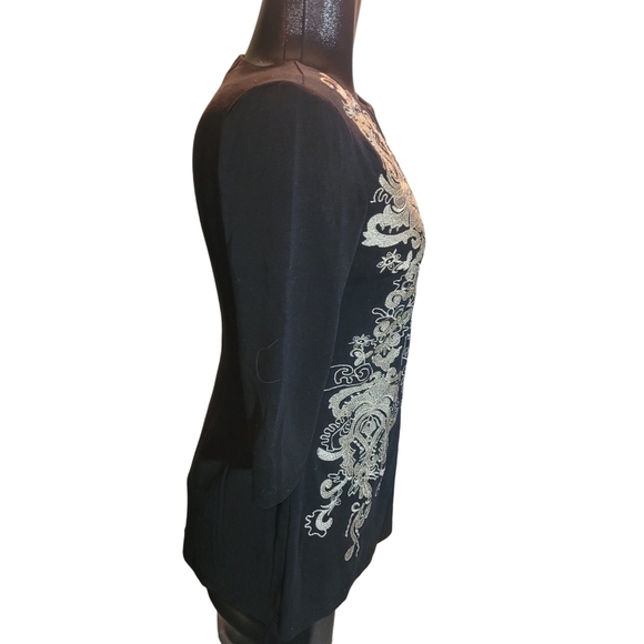Terra Nostra Black Cropped Sleeve Top With Embroidered Front XS - Picture 4 of 7